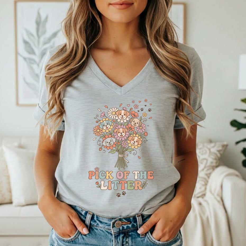 Grey v-neck t-shirt with dog faces and flowers bouquet and text "PICK OF THE LITTER".