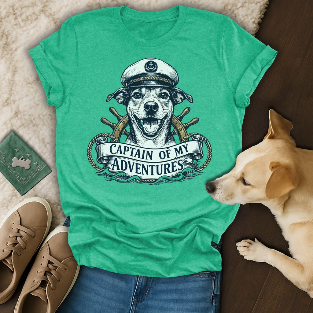 Dog wearing a captain's hat with "Captain of my Adventures" banner.