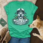 Dog wearing a captain's hat with "Captain of my Adventures" banner.