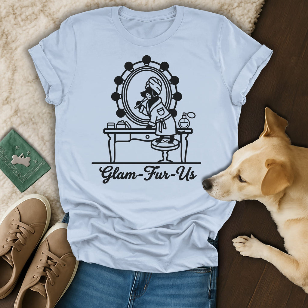 T-shirt graphic of a dog at a vanity with "Glam-Fur-Us" text.