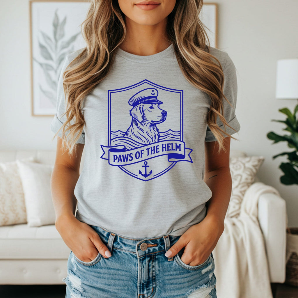 Grey t-shirt with "Paws of the Helm" nautical dog crest graphic.