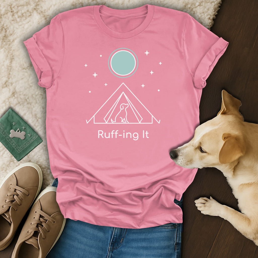 Pink t-shirt with tent, dog, and stars graphic, text "Ruff-ing It".