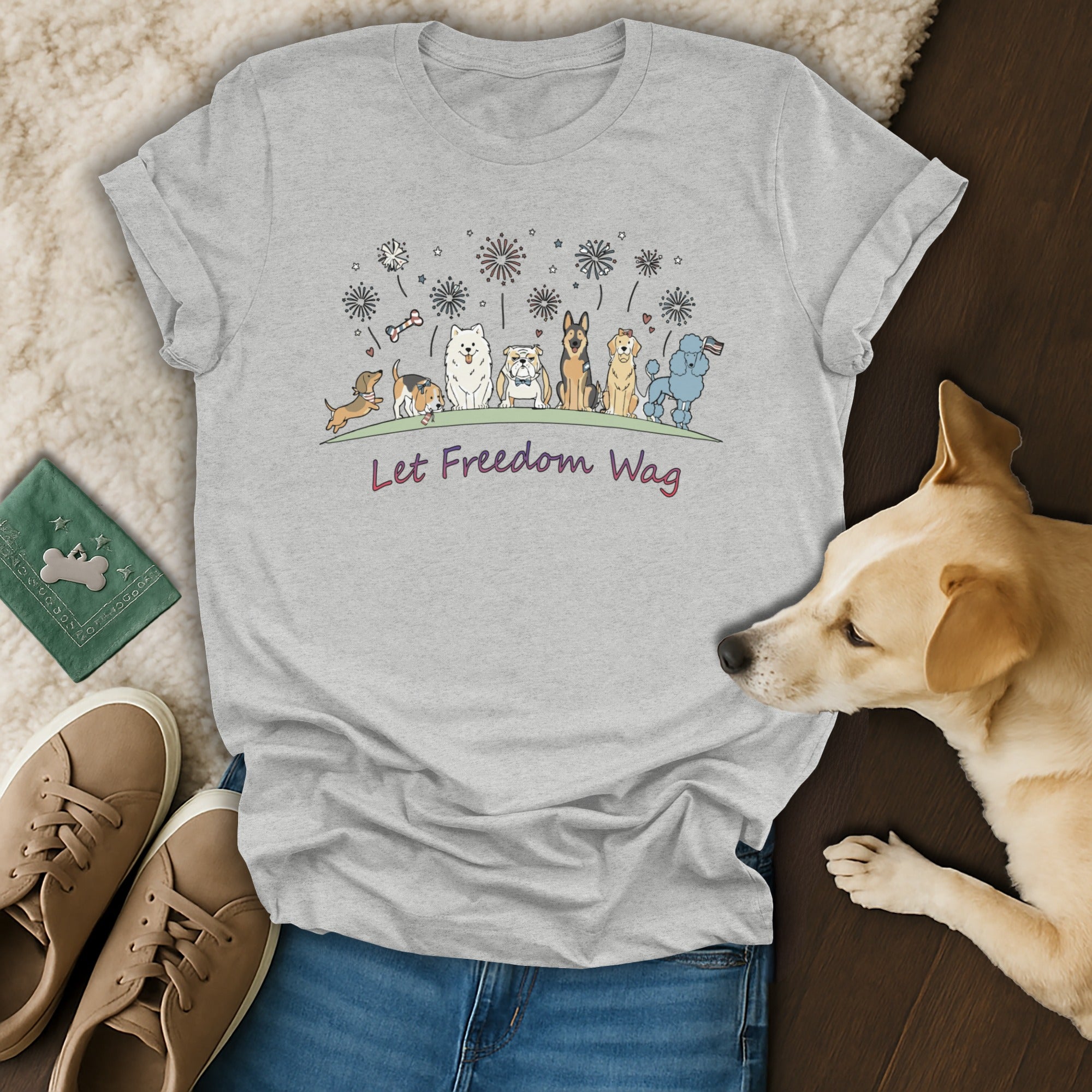 Let Freedom Wag Fireworks and Dog Illustrations Shirt