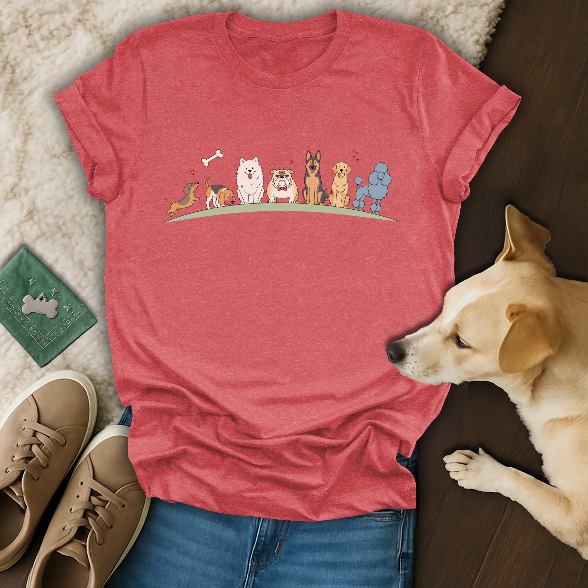 Cute Cartoon Dogs Design on Red T-Shirt Top