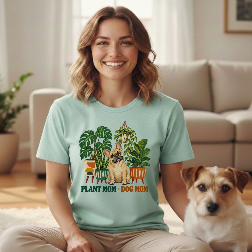 A smiling woman wears a mint green t-shirt with a French bulldog and potted plants graphic.