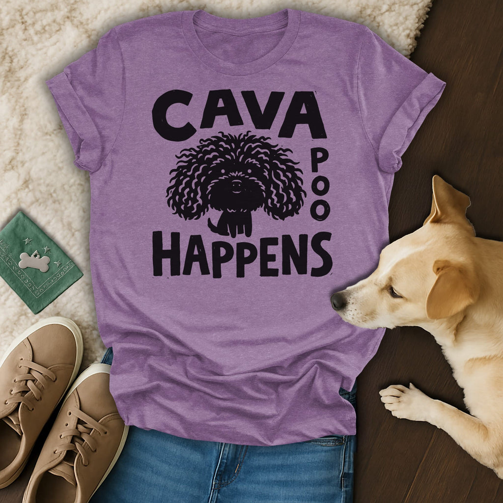 Purple t-shirt with black text "CAVA POO HAPPENS" and a stylized dog graphic.