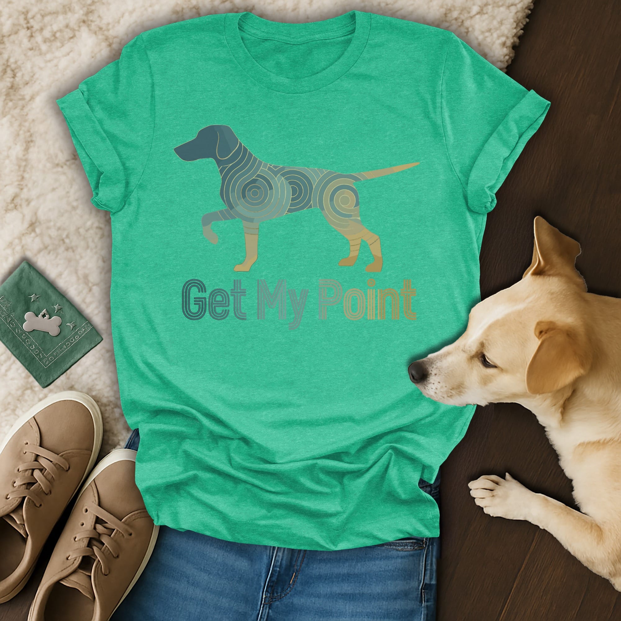 Teal t-shirt with dog outline and "Get My Point" text.