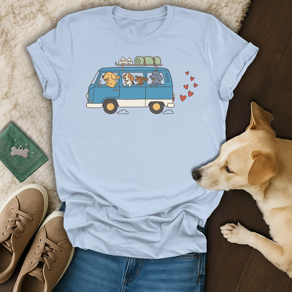 Light blue t-shirt featuring cartoon dogs in a blue van and red hearts.
