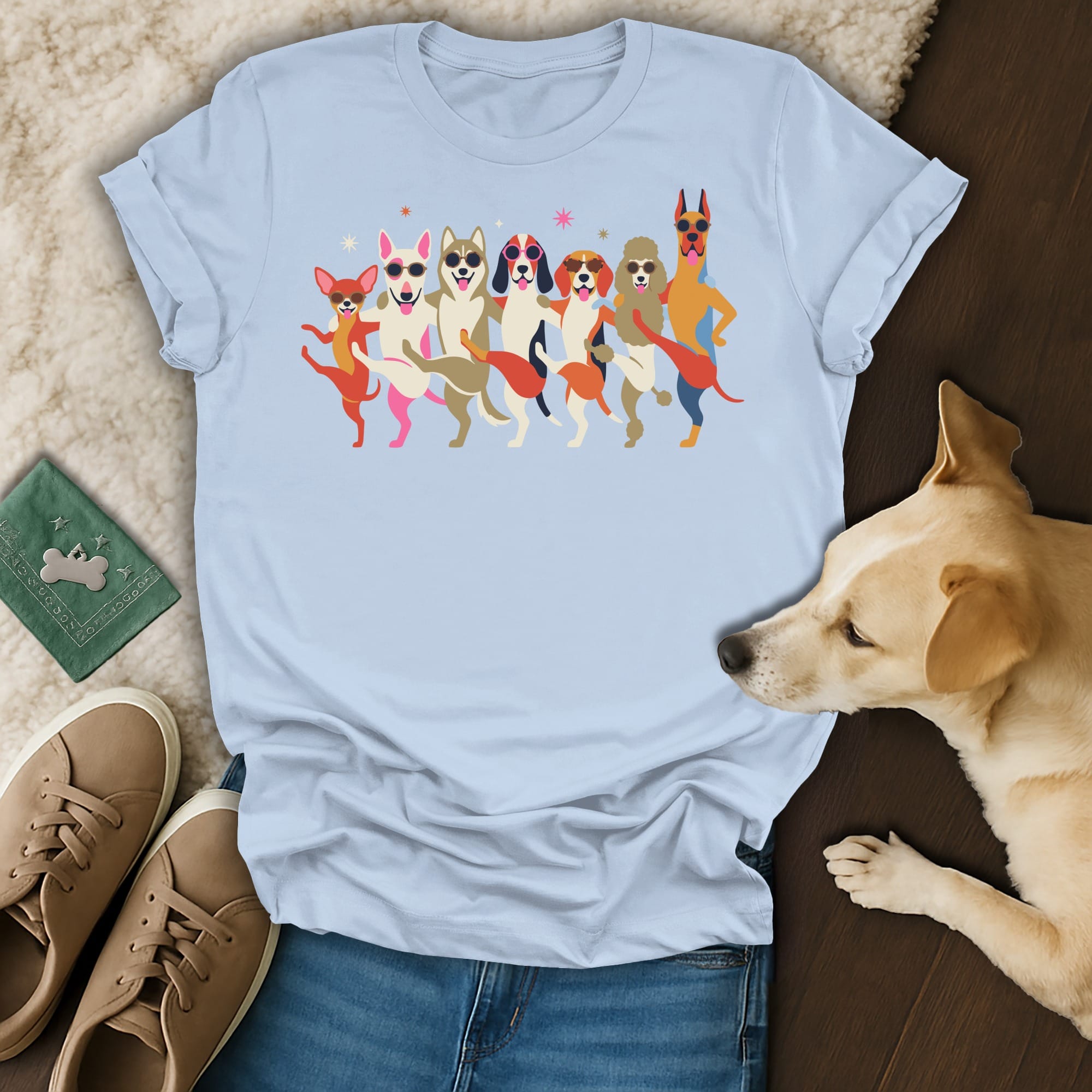 Light blue t-shirt with cartoon dogs wearing sunglasses and dancing.