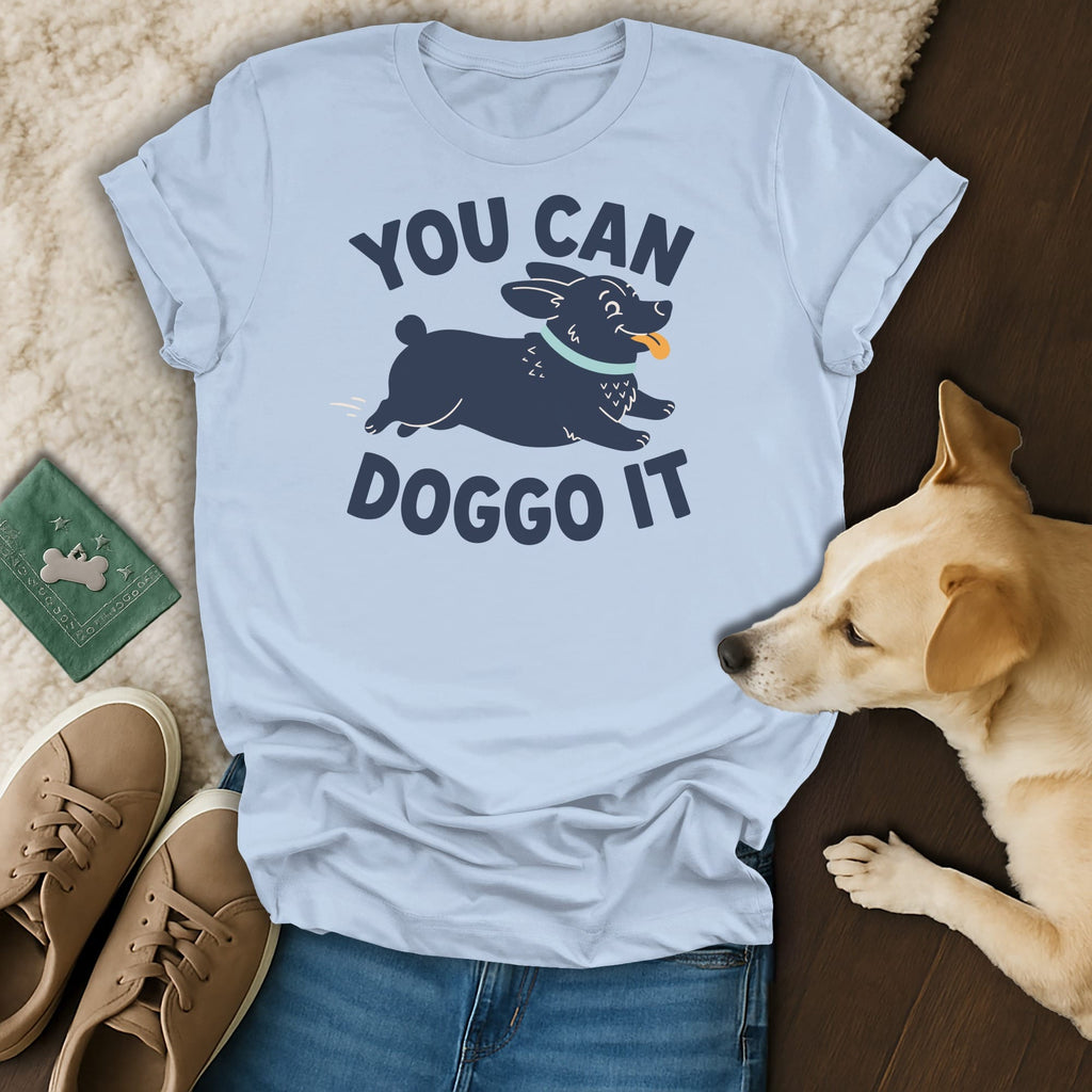 Light blue t-shirt with dark blue text "YOU CAN DOGGO IT" and a cartoon dog.