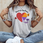 Grey t-shirt with a pie chart heart graphic and text about dogs.