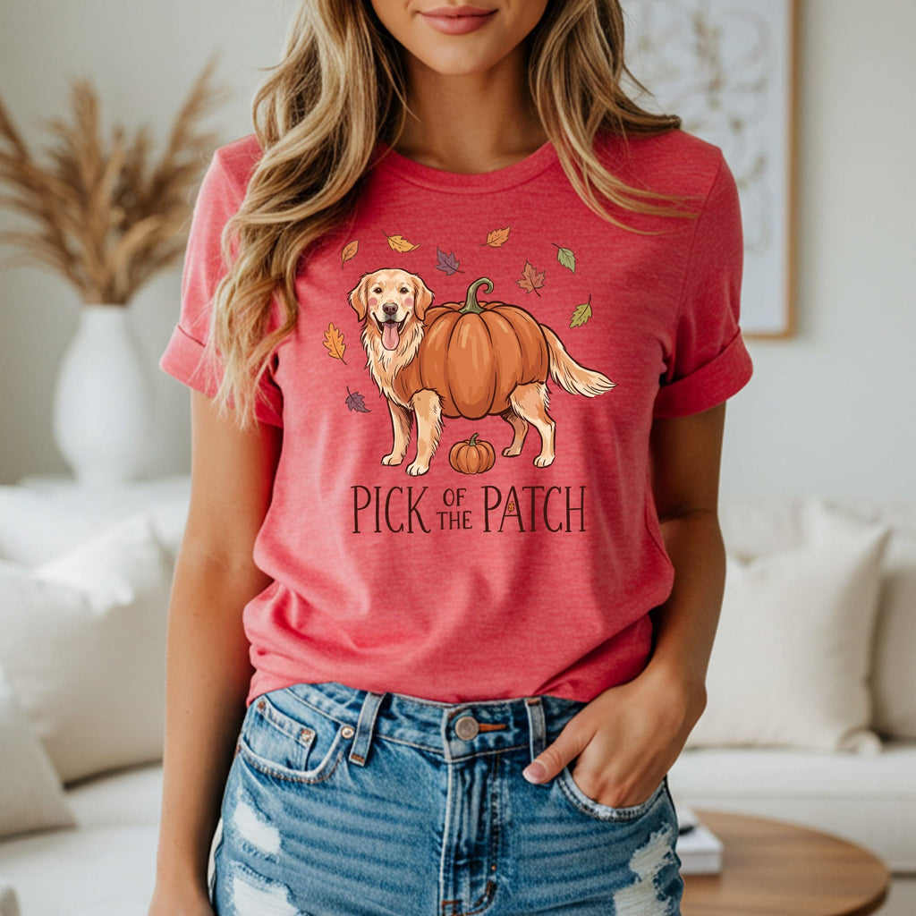 Golden retriever wearing a pumpkin costume with "Pick of the Patch" text.