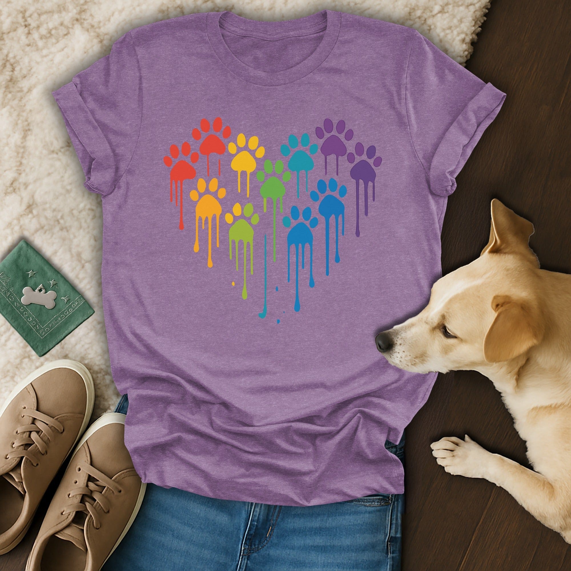 Colorful Dripping Paw Print Heart Design Shirt