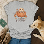Grey t-shirt with a cartoon dog in a pumpkin and the text "HELLO PUMPKIN".
