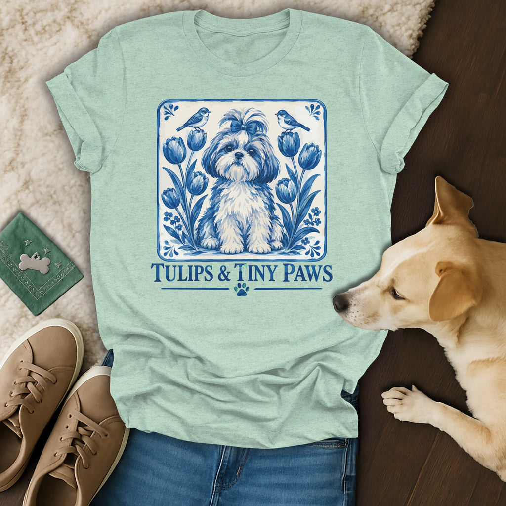 A light green t-shirt features a blue and white Delft-style dog graphic with tulips, birds, and text.