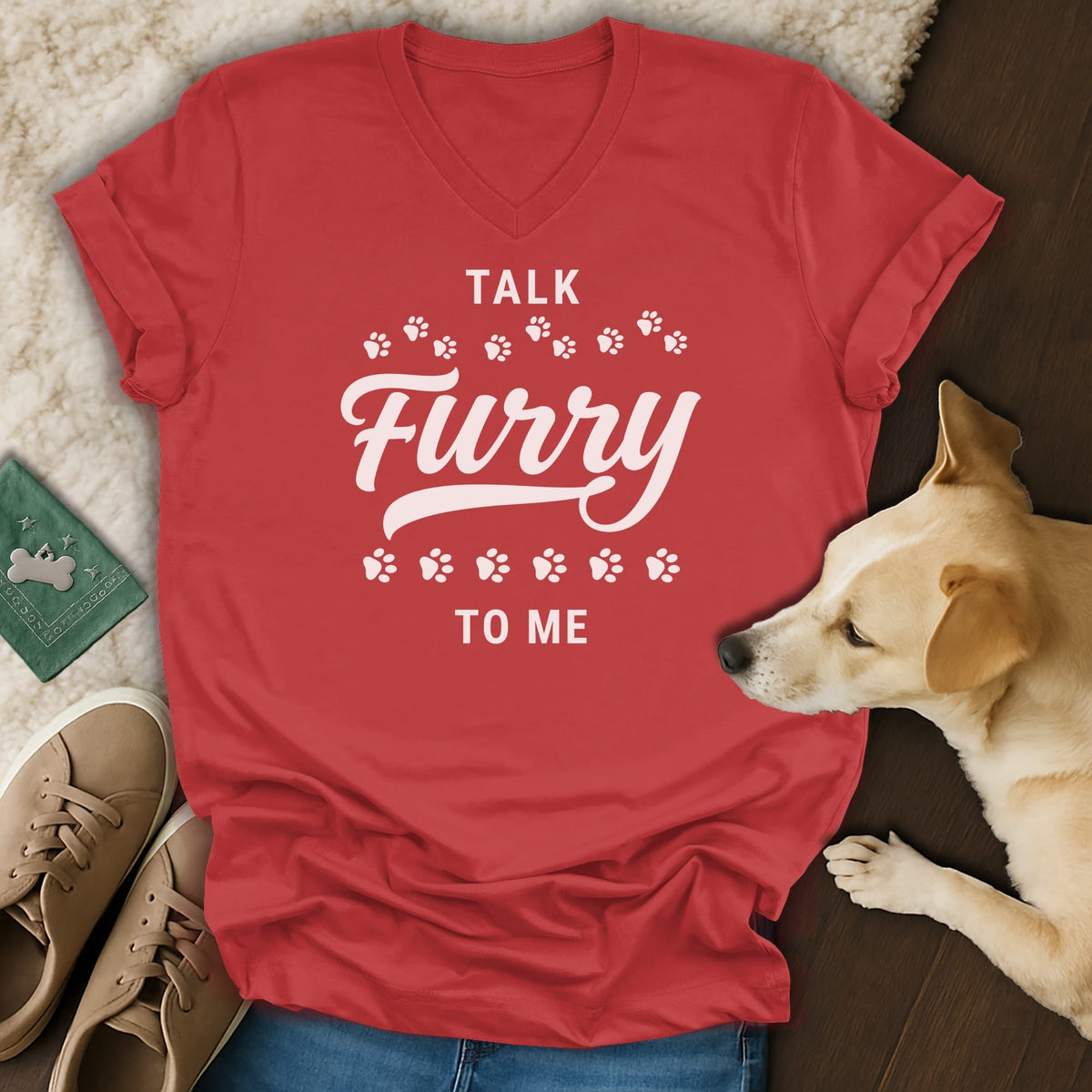 Red t-shirt with white text "TALK Furry TO ME" and paw prints.
