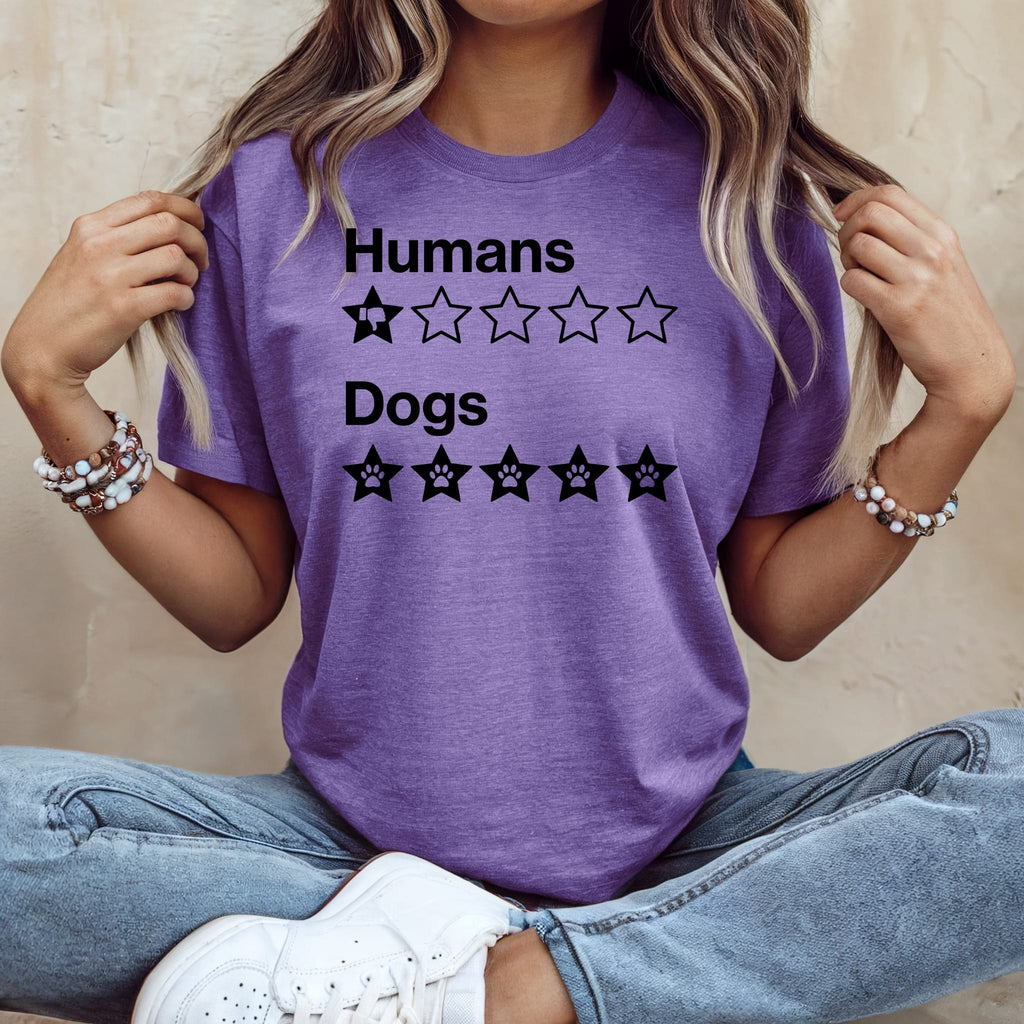 Purple t-shirt with black text: Humans, one star with thumbs down, and four stars. Dogs, five stars with paw prints.