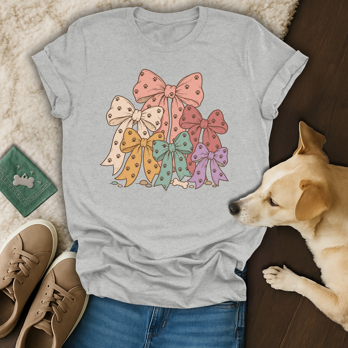 Light gray crewneck t-shirt featuring a pastel stack of bows with paw prints, surrounded by casual items and a small dog.