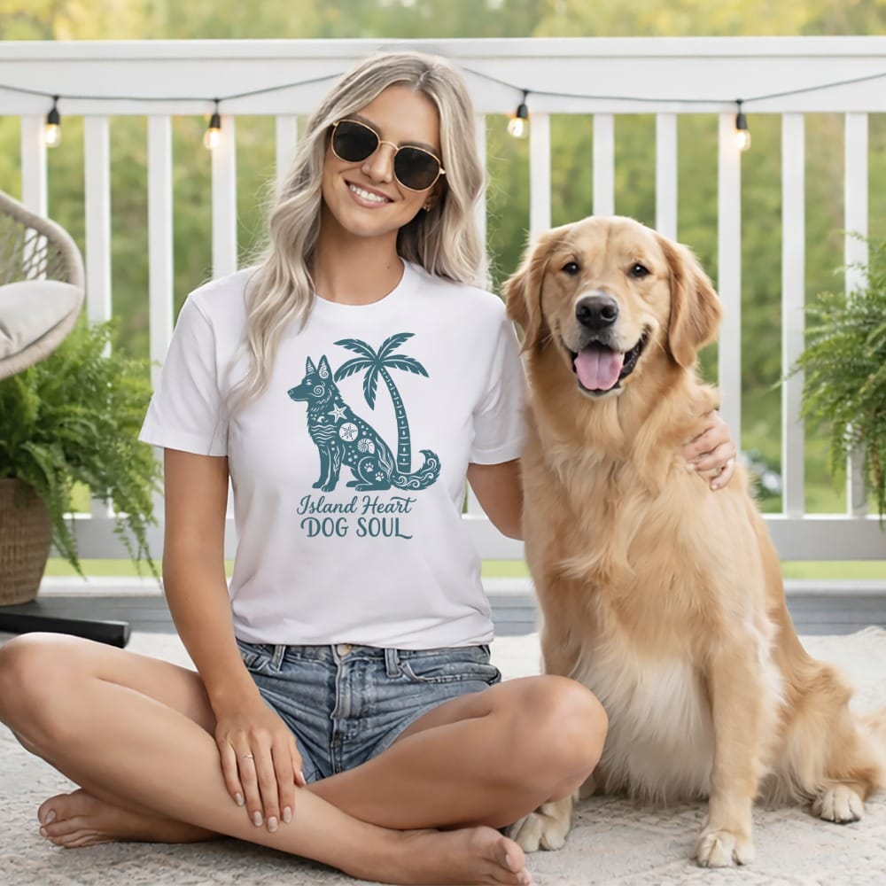 Woman with Golden Retriever wearing white t-shirt with dog and palm tree graphic.