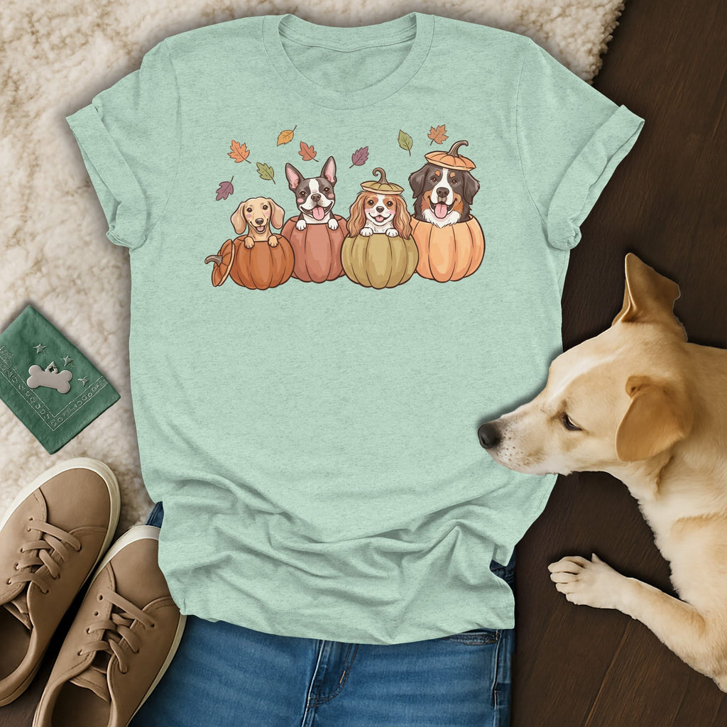 Four cartoon dogs in pumpkins with fall leaves on a light green t-shirt.