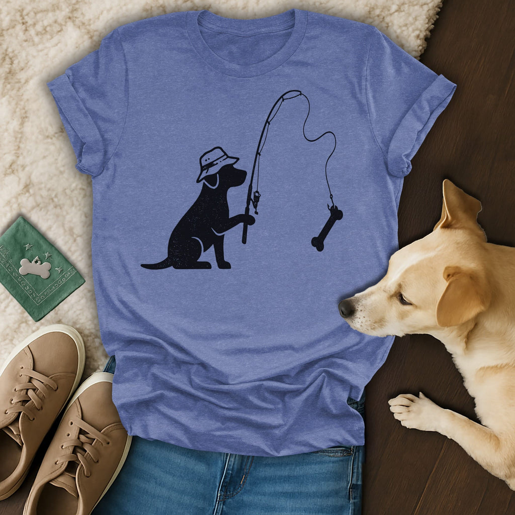 T-shirt with black silhouette of dog wearing hat fishing for a bone.
