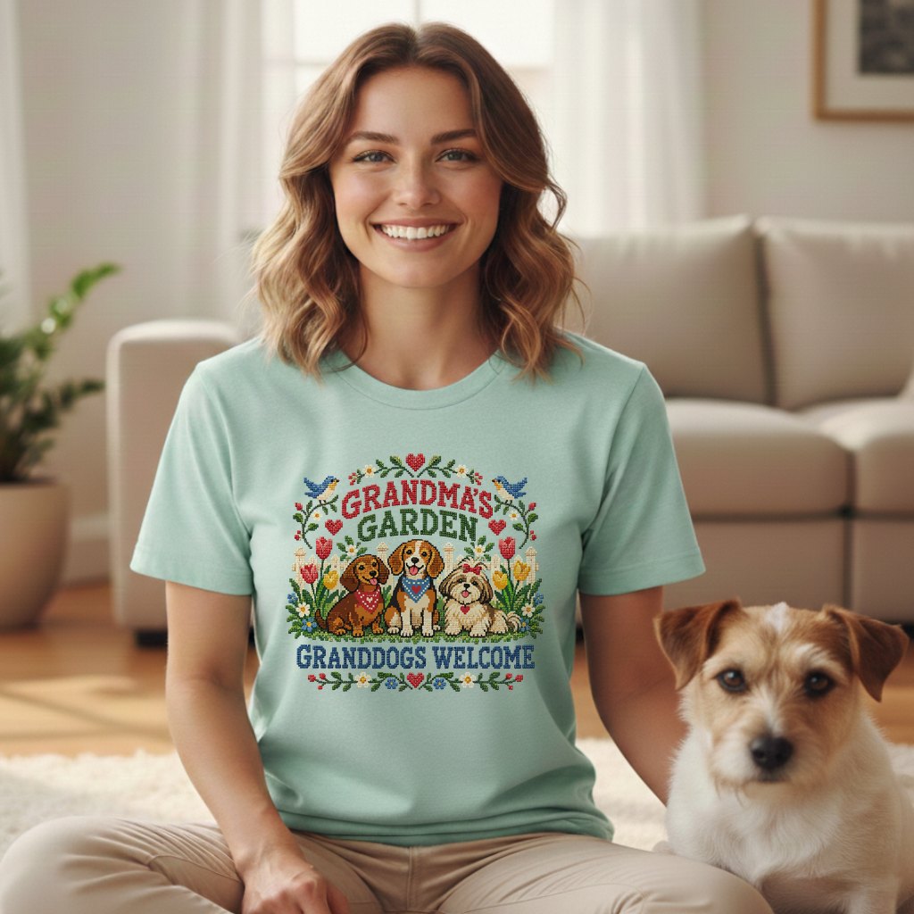 A smiling woman wears a light green t-shirt with a cross-stitch graphic reading Grandma's Garden Granddogs Welcome alongside three dogs, while a real dog sits beside her.