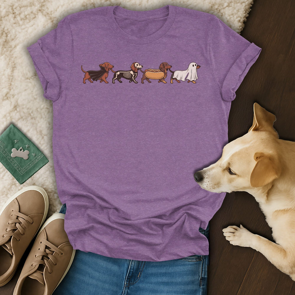 Purple t-shirt with dachshunds dressed as a vampire, skeleton, hot dog, and ghost.