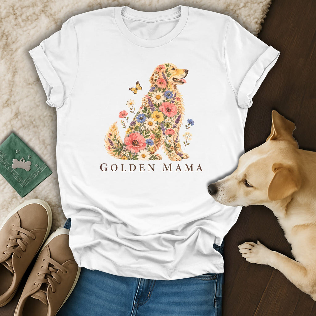 White t-shirt with a floral Golden Retriever graphic and the text "GOLDEN MAMA," resting near a dog, shoes, and jeans.