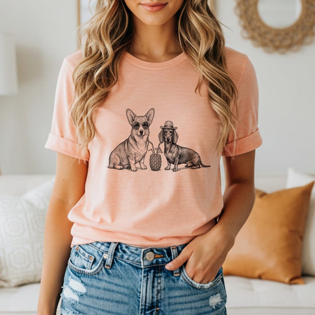 Corgi and dachshund wearing hats, graphic art on peach t-shirt.