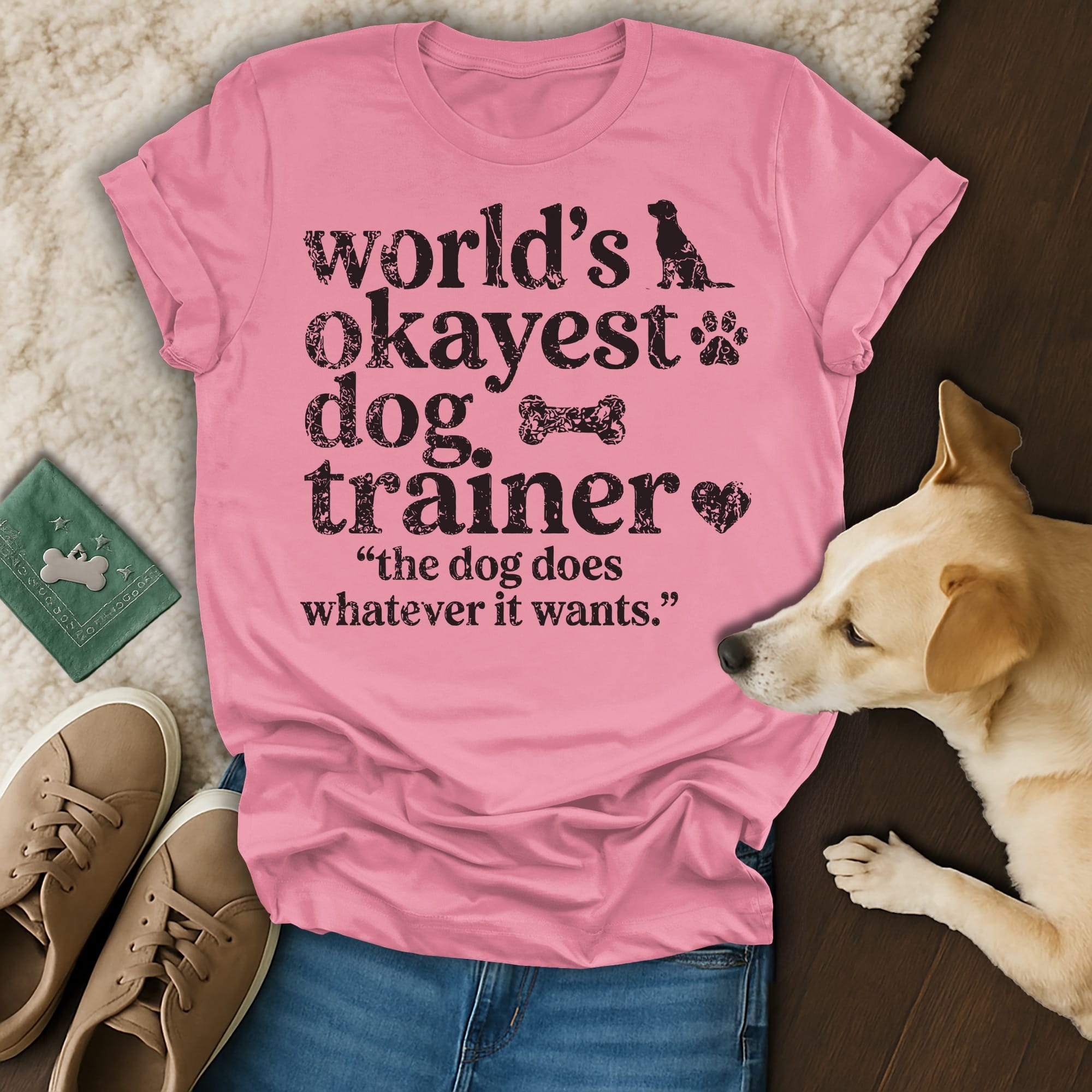 Pink t-shirt with "World's Okayest Dog Trainer" and dog graphic.