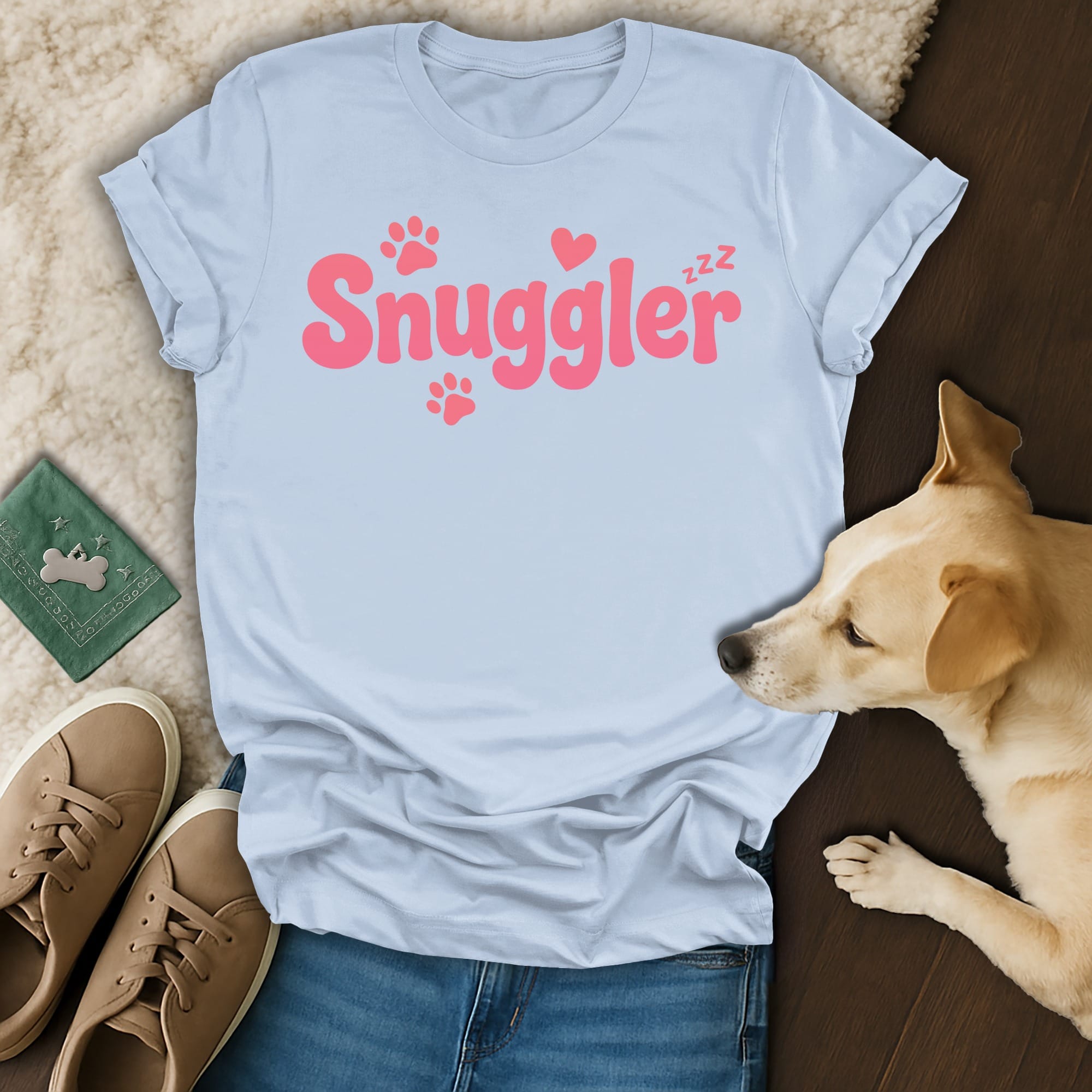 Light blue t-shirt with pink "Snuggler" text, paw prints, and hearts.