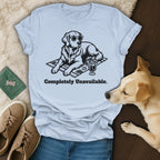 Golden retriever wearing sunglasses on a beach towel, text "Completely Unavailable."