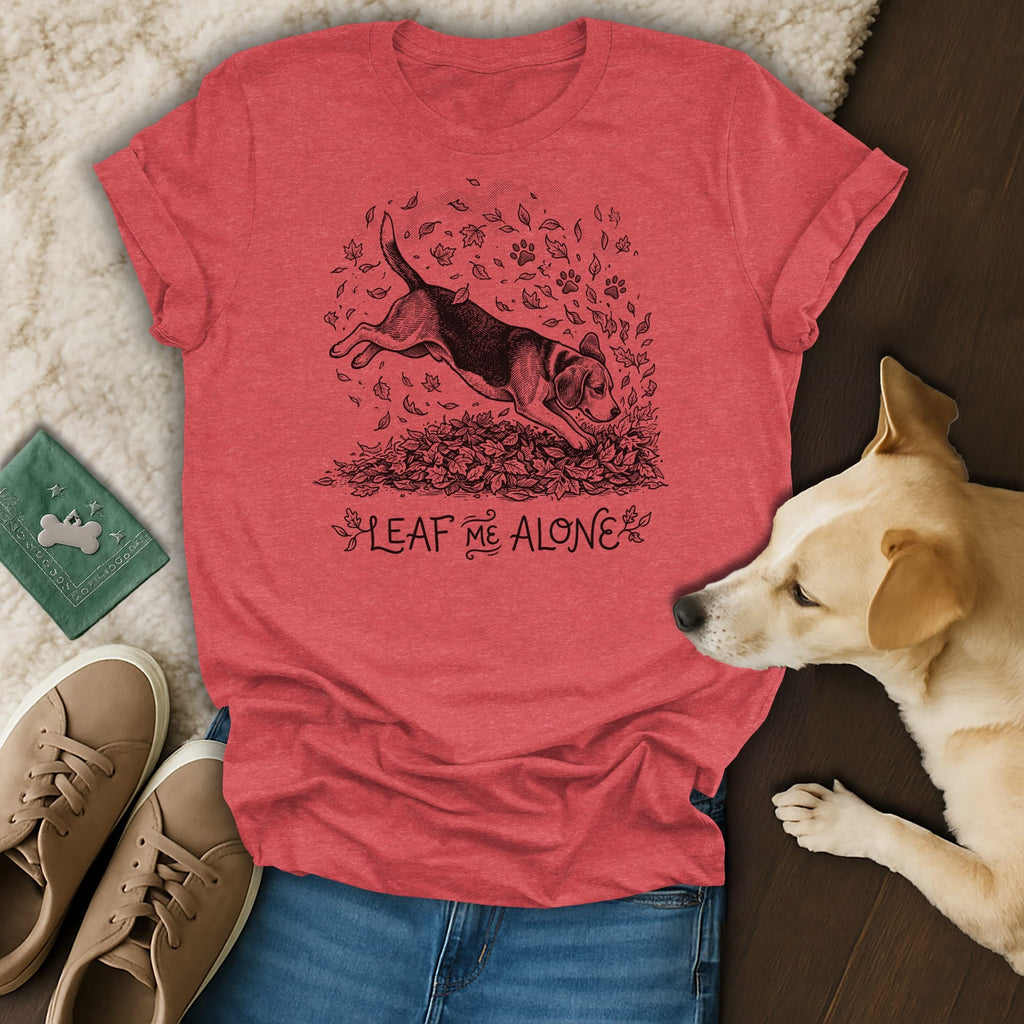 Red t-shirt with beagle jumping in leaves, text "LEAF ME ALONE."