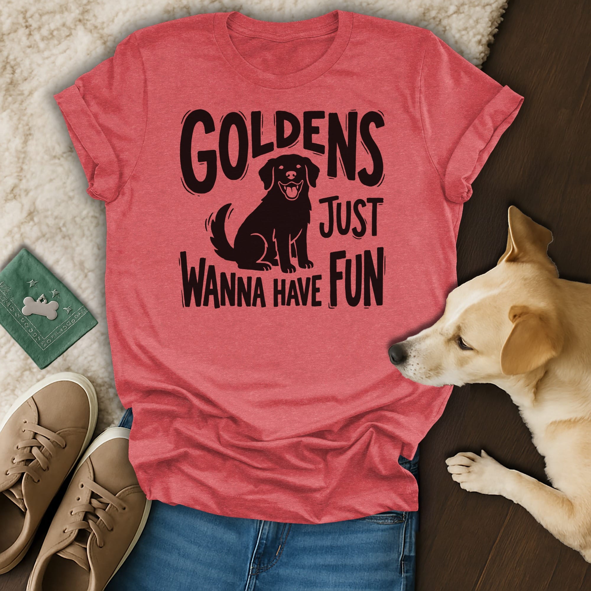 Goldens Just Wanna Have Fun t-shirt with a golden retriever graphic.