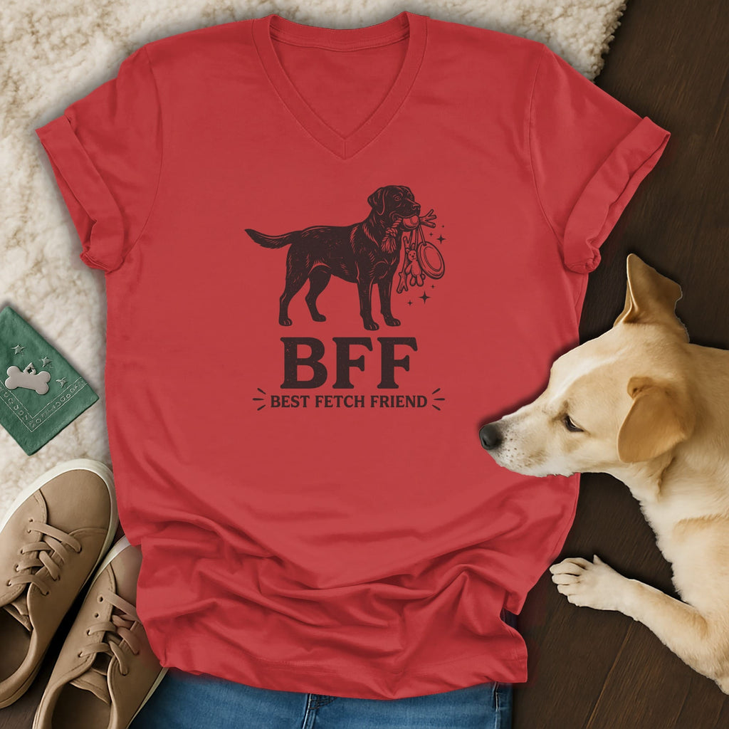 Red v-neck t-shirt with a dog graphic and text "BFF BEST FETCH FRIEND".