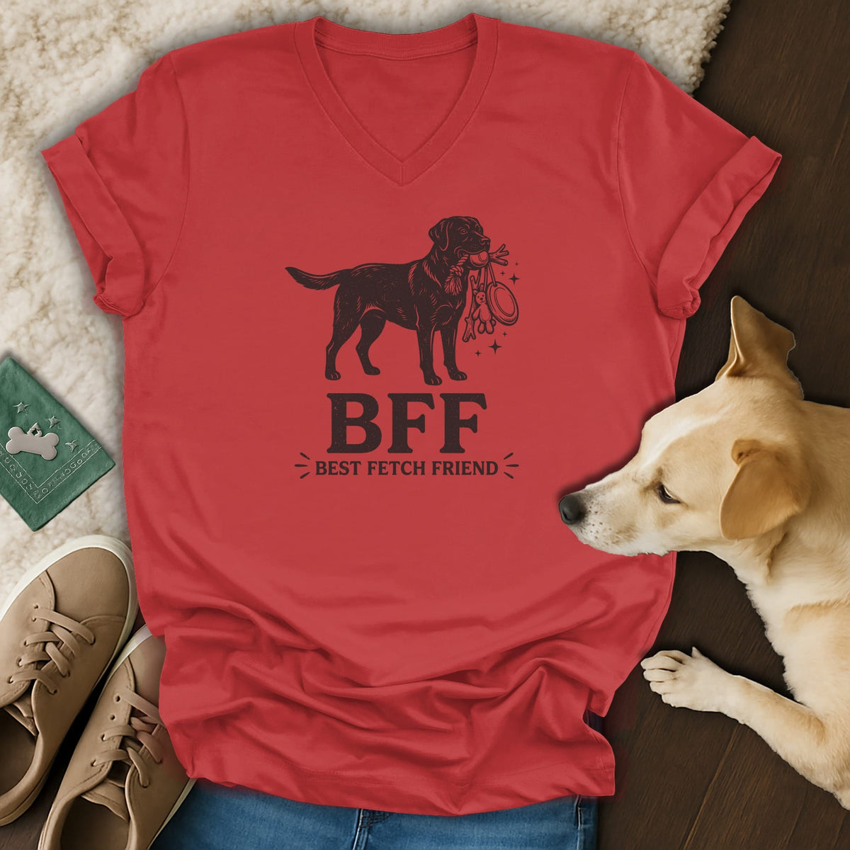 Red v-neck t-shirt with a dog graphic and text "BFF BEST FETCH FRIEND".