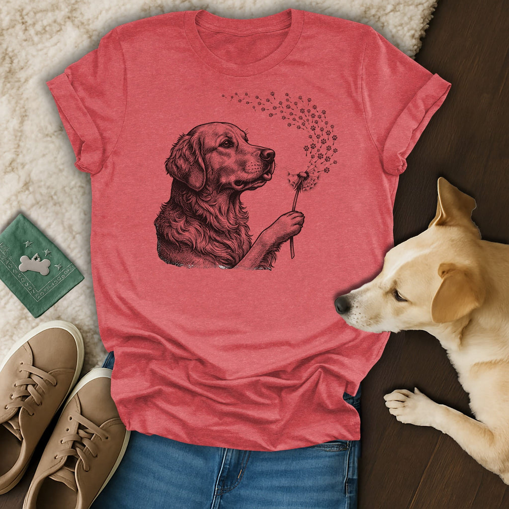 T-shirt with a golden retriever blowing dandelion seeds shaped like paw prints.