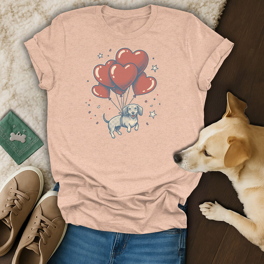 Peach t-shirt with dachshund and heart balloons graphic.