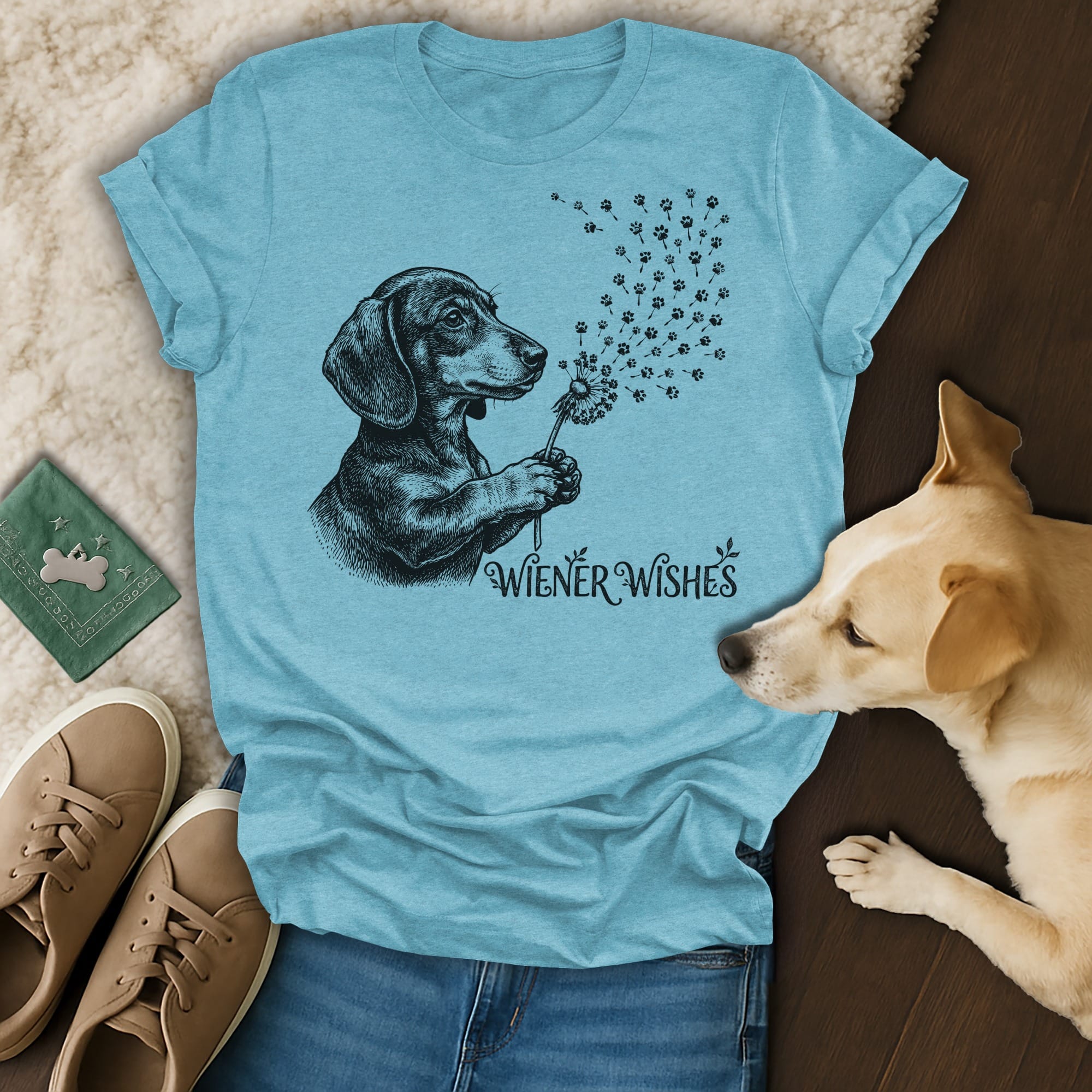 T-shirt with dachshund blowing dandelion puffs, "Wiener Wishes" text.