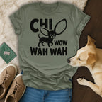 Green t-shirt with "CHI WOW WAH WAH" text and dog silhouette.