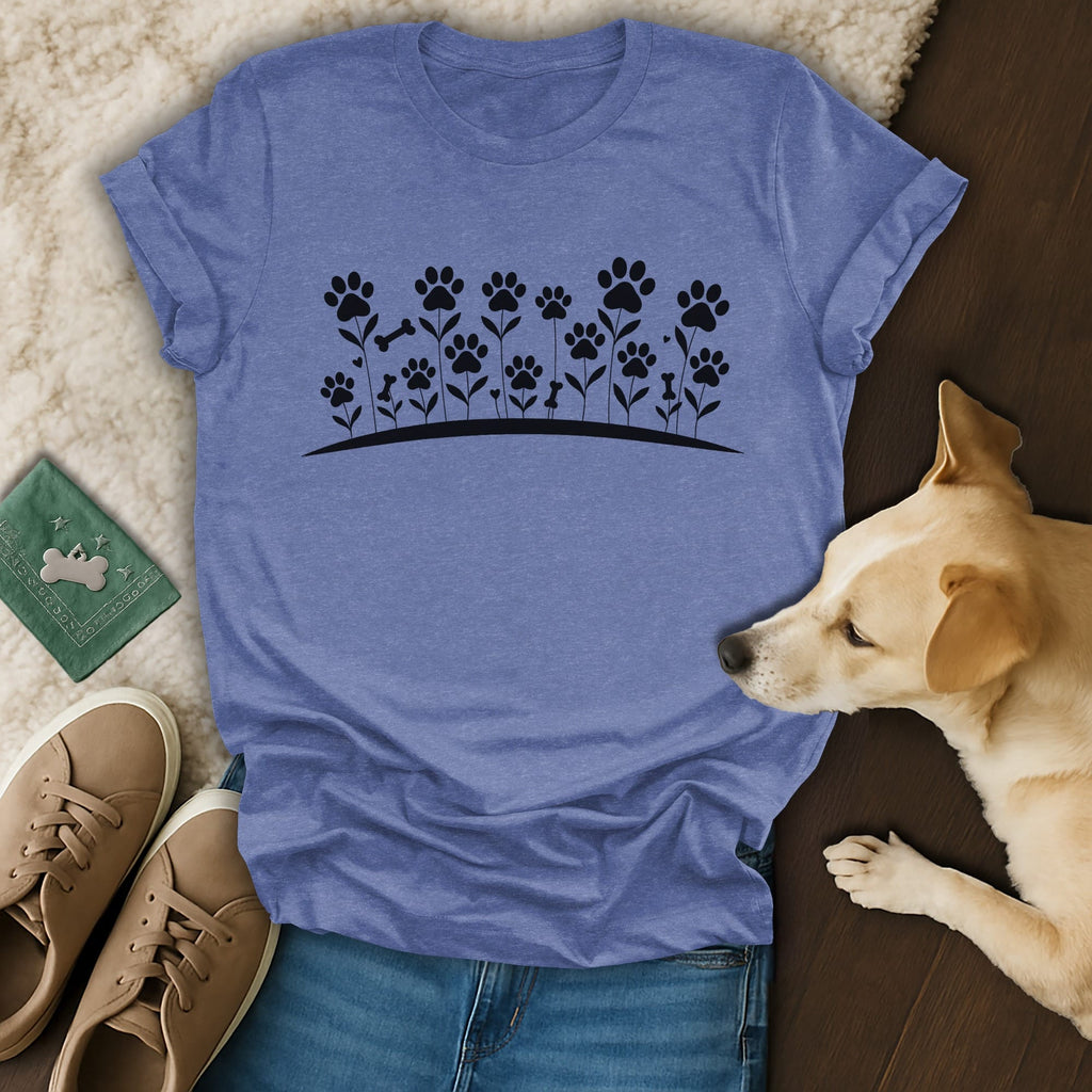 Blue t-shirt with a floral paw print and bone design.