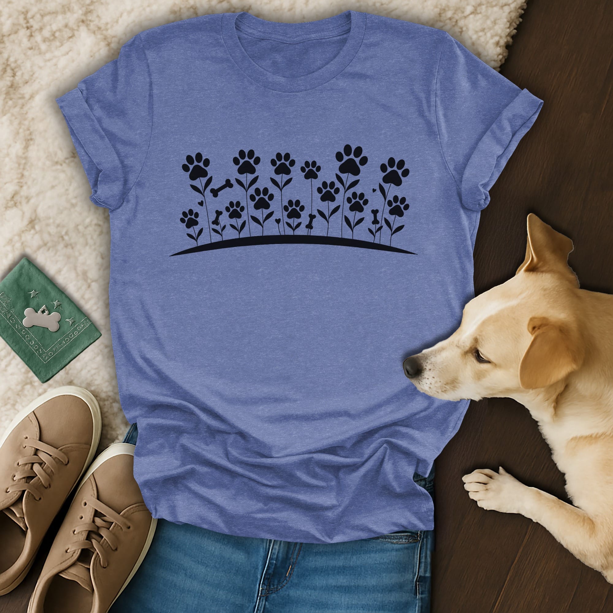 Blue t-shirt with a floral paw print and bone design.