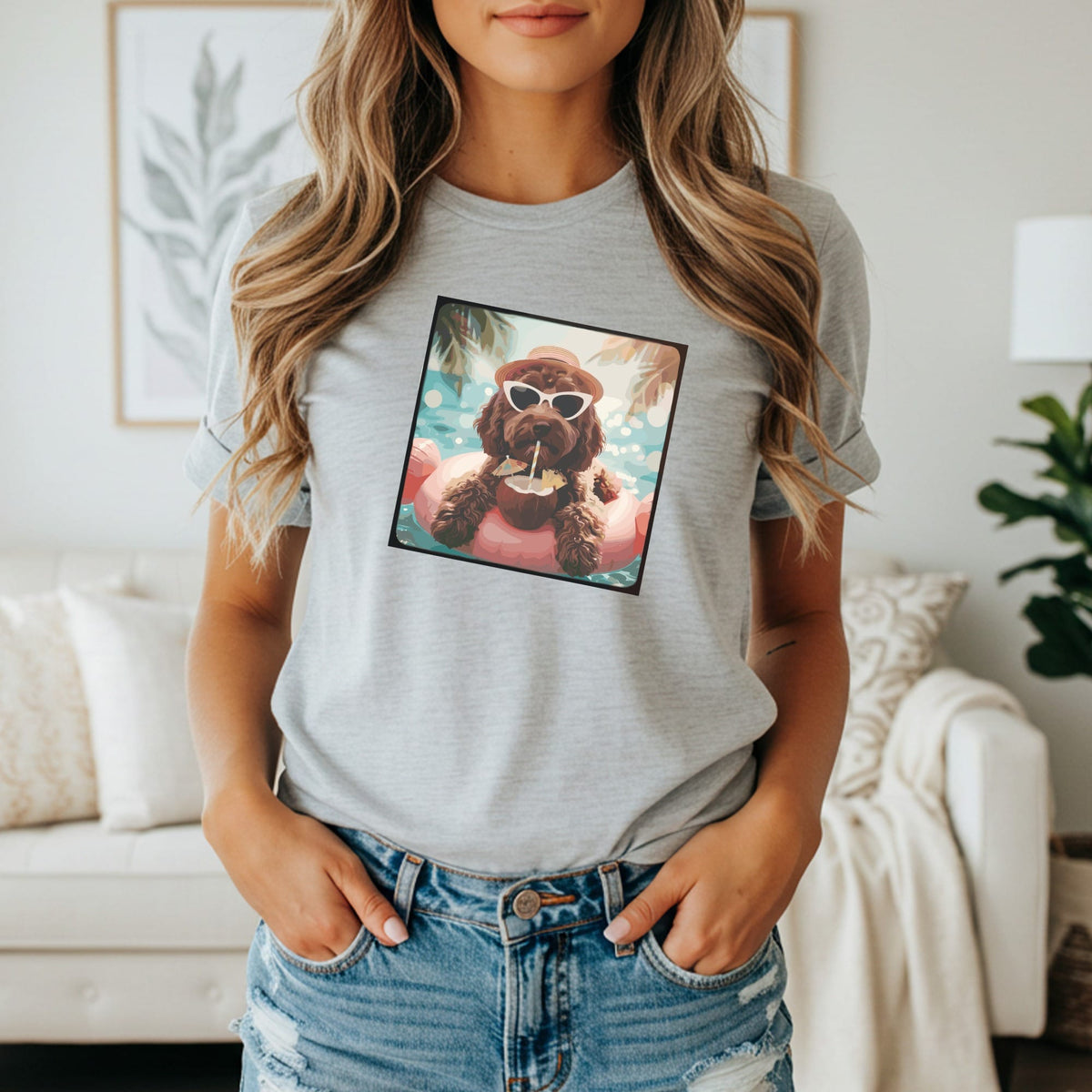Brown dog wearing sunglasses and hat, floating on pink tube with coconut drink.