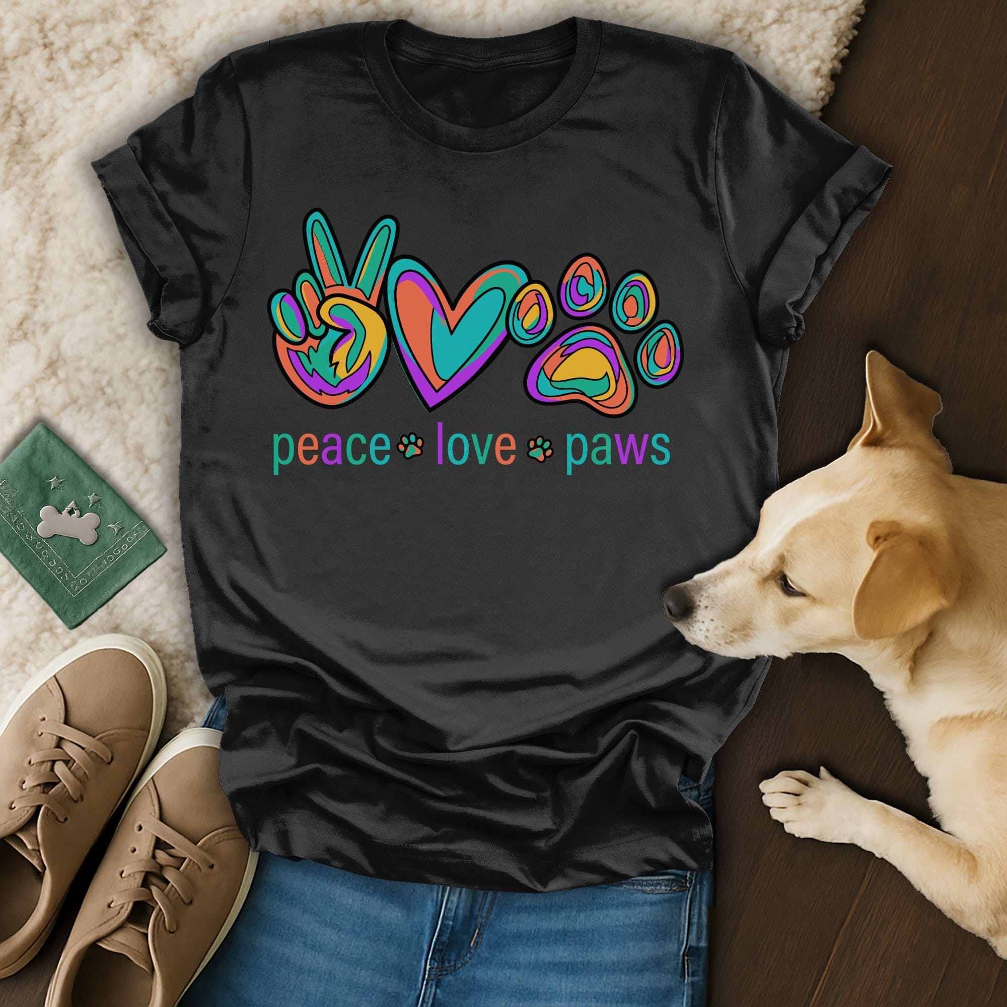 Peace Love Paws Paw Print Hand Heart Colorful Design product type
peace sign, love heart, paw print, dog lover, pet owner, colorful graphic, vibrant design, hippie aesthetic, boho style, animal friend, peace love paws, retro art, black top, unique print, dog parent, puppy design, pet graphic, happy vibes, cute animal, animal themed