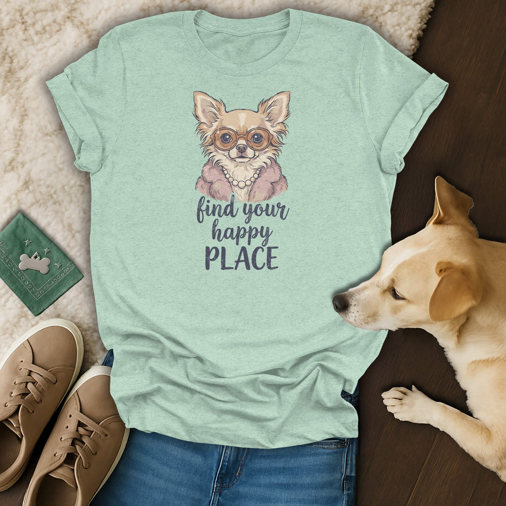 Light teal t-shirt with a chihuahua wearing glasses and pearls, text "find your happy place."