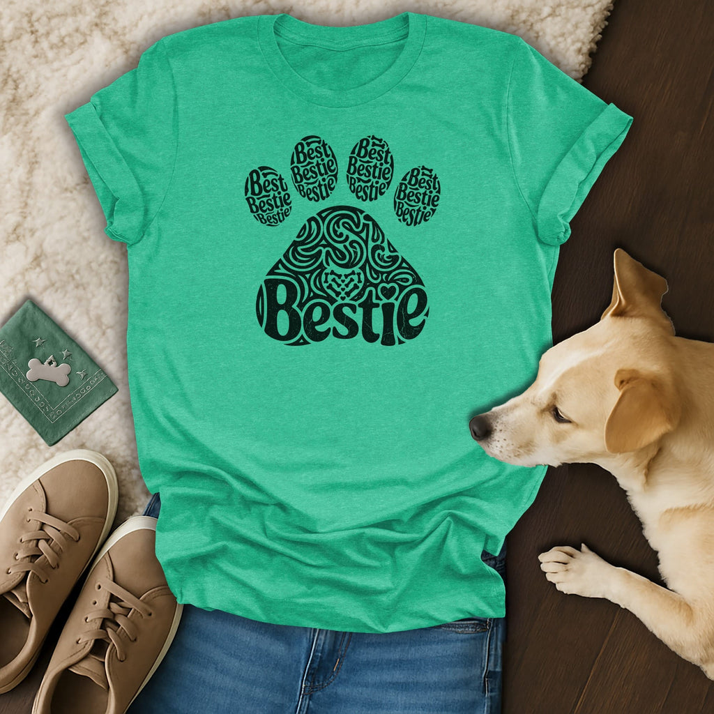 Green t-shirt with a black paw print design featuring the word "Bestie" repeatedly.