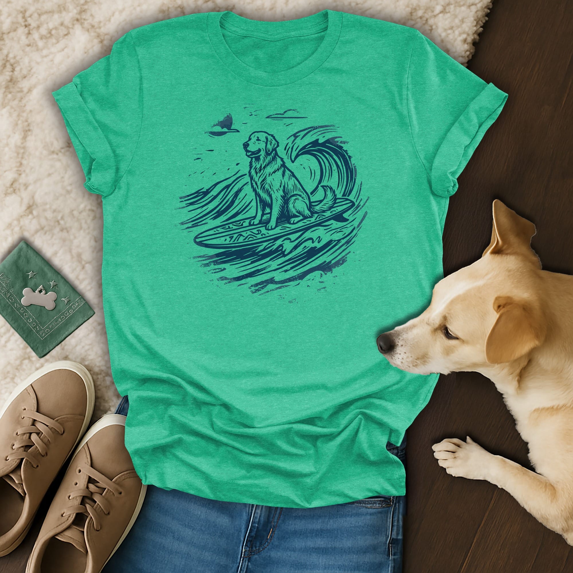 T-shirt featuring a dog surfing a wave, with a bird flying overhead.