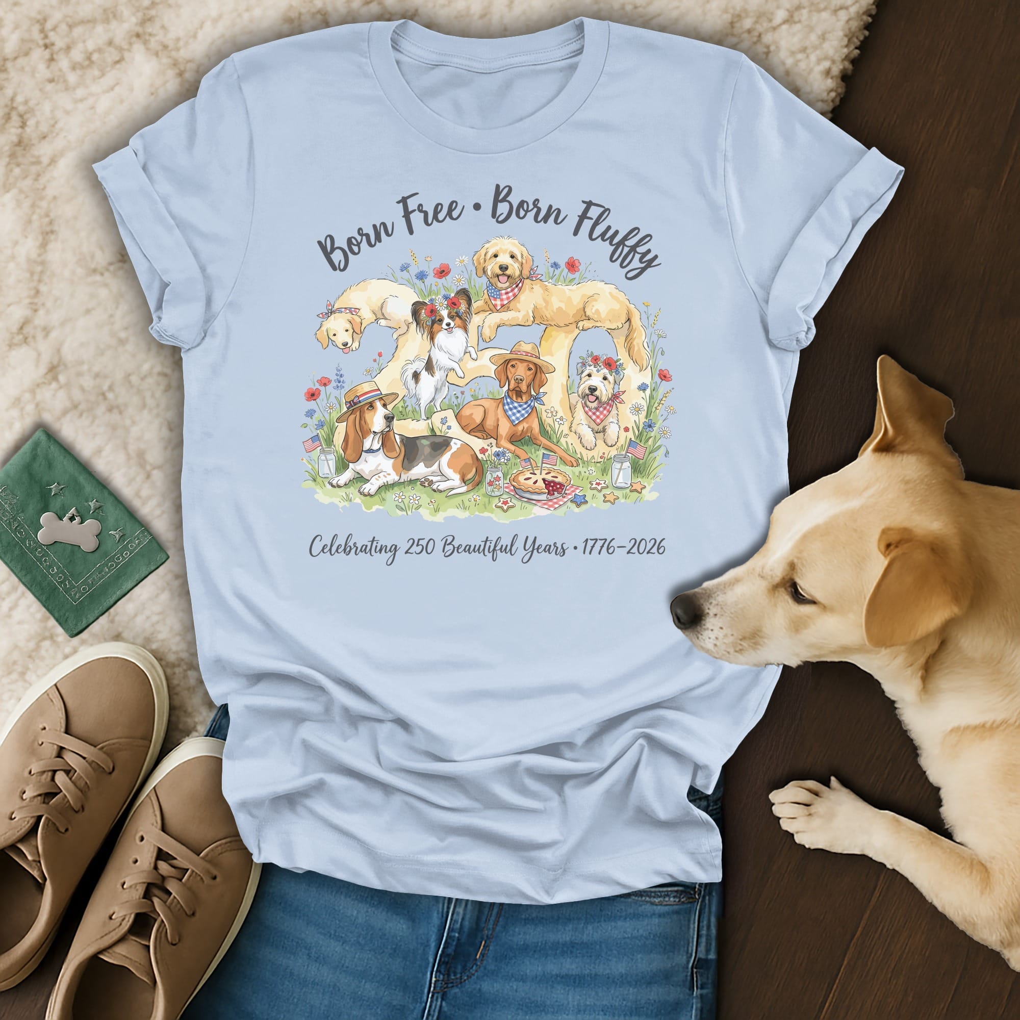 Light blue t-shirt with dogs celebrating 250 years of American independence.