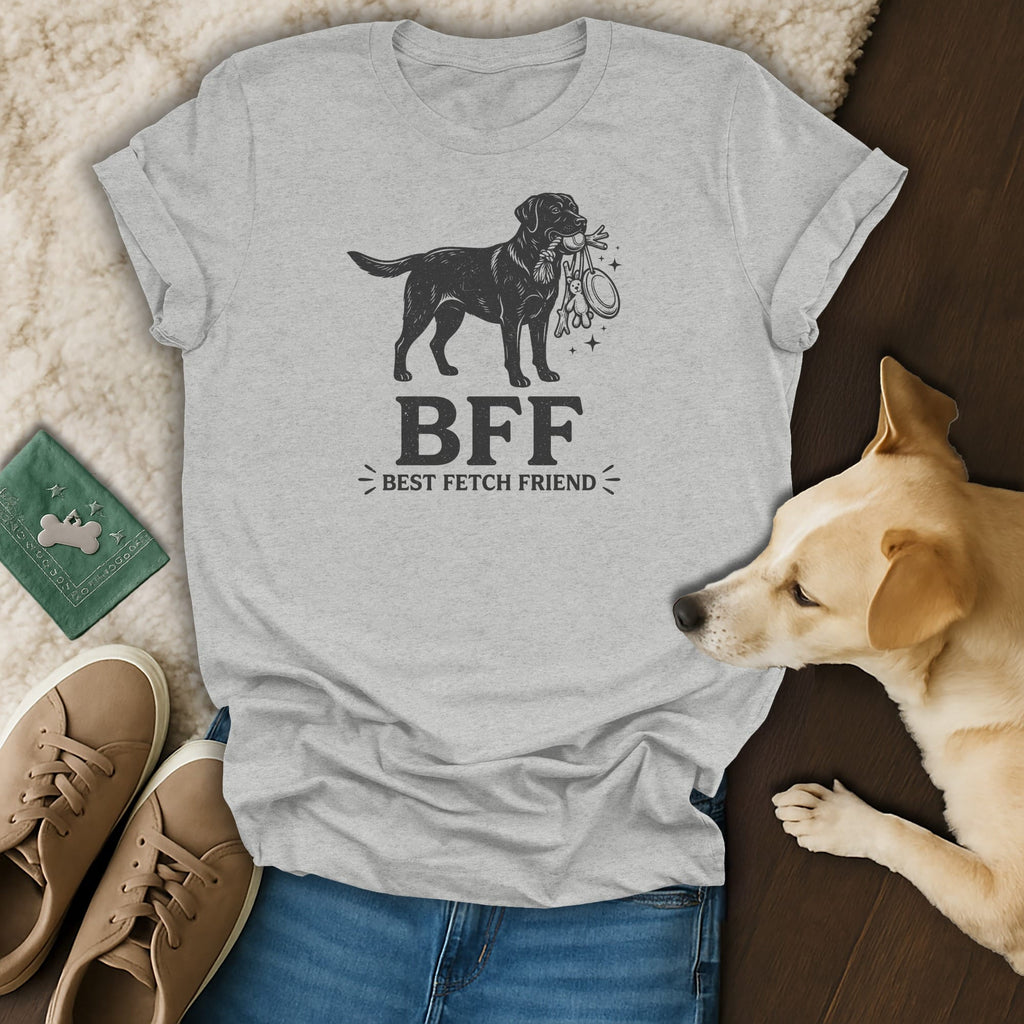 Grey t-shirt with black graphic of dog holding toys, "BFF BEST FETCH FRIEND" text.