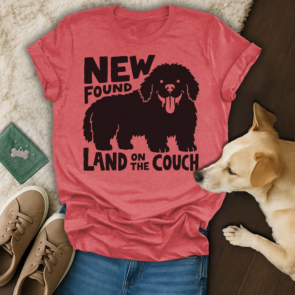 Red t-shirt with "NEW FOUND LAND ON THE COUCH" text and dog graphic.